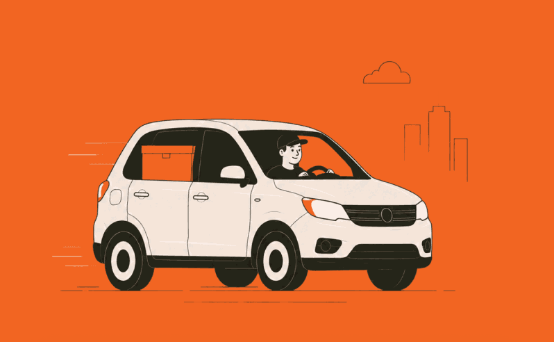 A courier drives a delivery car with a box in the back