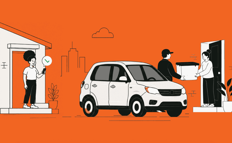 A street scene: someone at their door with a phone, a delivery car, and a courier handing a box to a neighbour