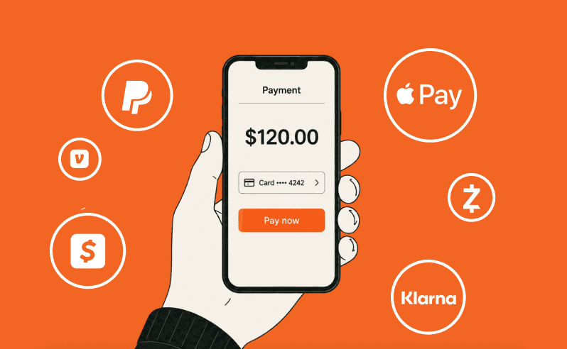A hand holds a phone showing a $120.00 payment, ringed by payment-method badges